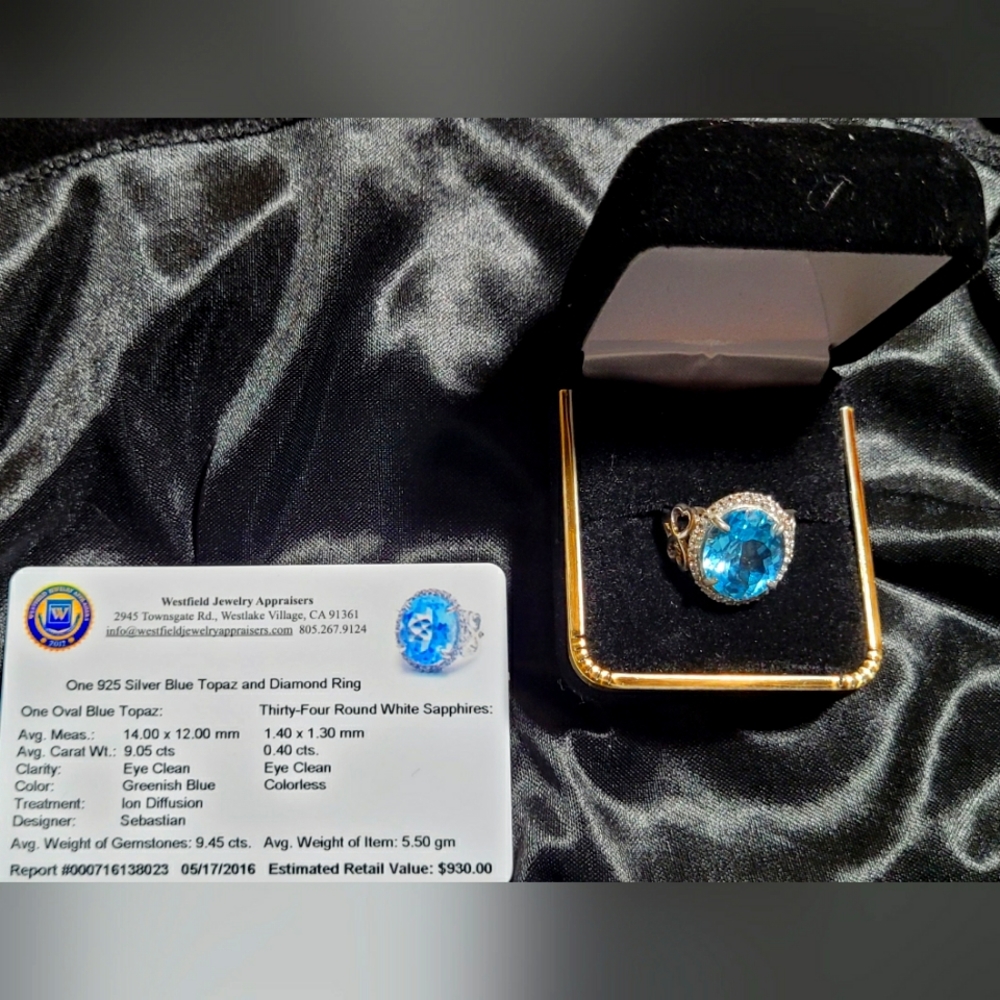 Sabastian-designed blue topaz/white sapphire ring with a silver band. 9.05 ct